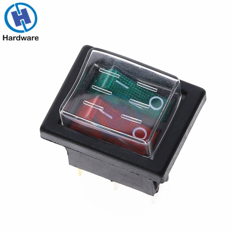 KCD2 topeltpaadi klahvlüliti 6 kontaktiga sisse-välja rohelise punase tulega 20A 125VAC/ 16A 250V