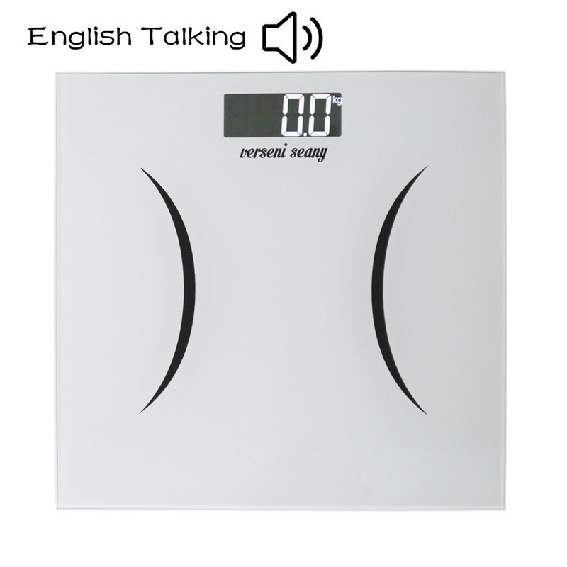 Digitālie angļu valodā runājošie ķermeņa svara svari ar lielu LCD vājai redzamībai, lieli stikla īpaši plāni svari