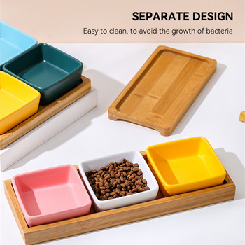 Κεραμικό μπολ Square Cat Small Dogs Food Water Mini Bowls Τροφοδοσία κατοικίδιων ποτών με ξύλινες παλέτες μπαμπού Πιάτο για πτηνά χάμστερ