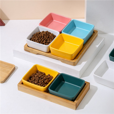 Κεραμικό μπολ Square Cat Small Dogs Food Water Mini Bowls Τροφοδοσία κατοικίδιων ποτών με ξύλινες παλέτες μπαμπού Πιάτο για πτηνά χάμστερ