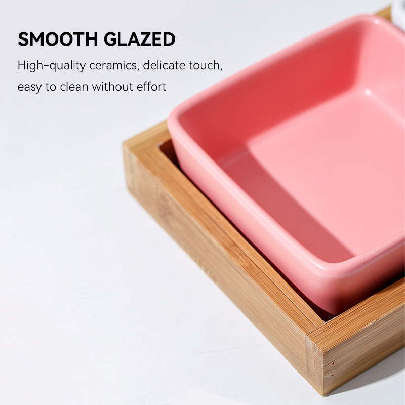 Kvadrātveida kaķu keramikas bļoda maziem suņiem barība ūdens mini bļodiņas mājdzīvnieku dzeršanai ēšanas barotājs ar koka bambusa paliktņiem kāmja putnu trauks