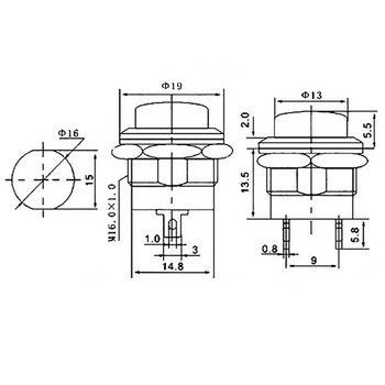 1/6 ΤΕΜ, R13-507, Στιγμιαία, 2 ακίδων, Μίνι στρογγυλός διακόπτης κουμπιού, αυτόματη επαναφορά, ηλεκτρικός εξοπλισμός, τρύπα πίνακα 16 mm, 3A 250VAC/6A 125VAC