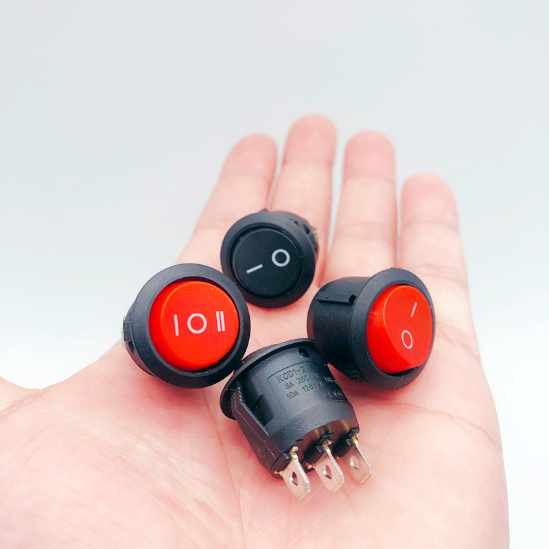 1/5 tk, 3 kontaktiga, ümmargune pistikupesa lüliti must ja punane SISSE-VÄLJA, SISSE-VÄLJA-SISSE Lüliti 6A/10A 125V AC, toiteallika mini klahvlüliti nupp