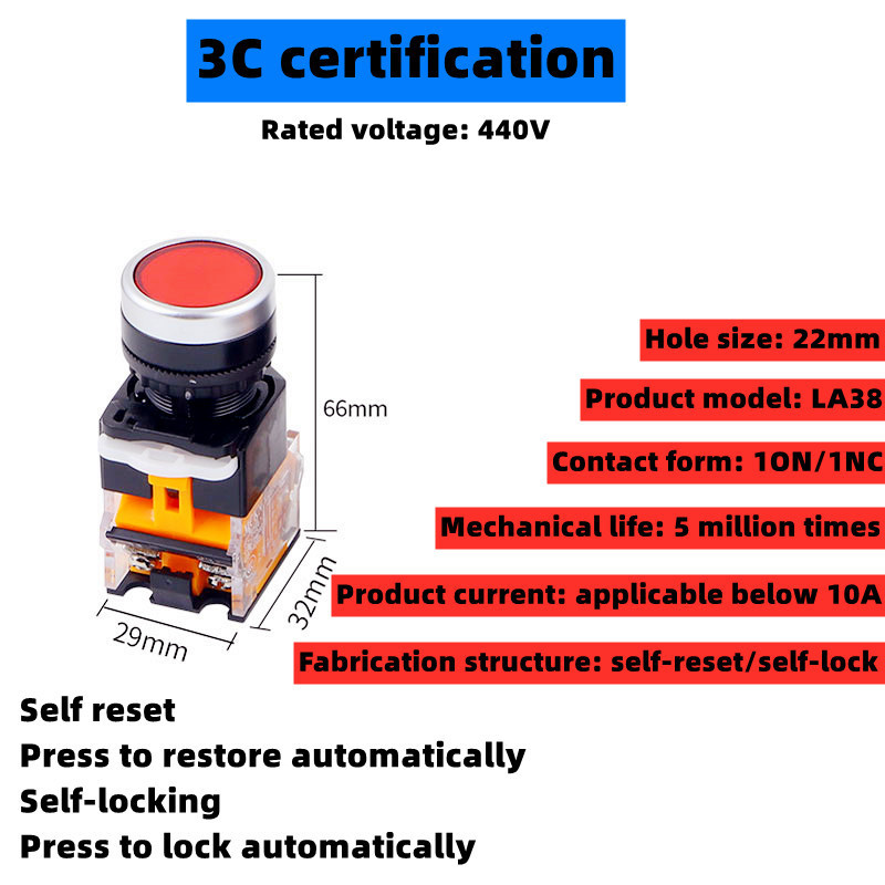 1tk LA38-11BN, ümmargune toitelüliti, hetkeline/lukustamine, elektriseadmed, 10A440VAC, EI/NC, käivitus ja seiskamine, kontaktid, valgus puudub