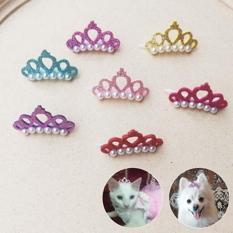 2 vnt. naminių gyvūnėlių plaukų segtukai dirbtinio perlo karūnėlės formos galvos puošmena poliesteris, gražūs naminių šunų plaukų segtukai meškiukui