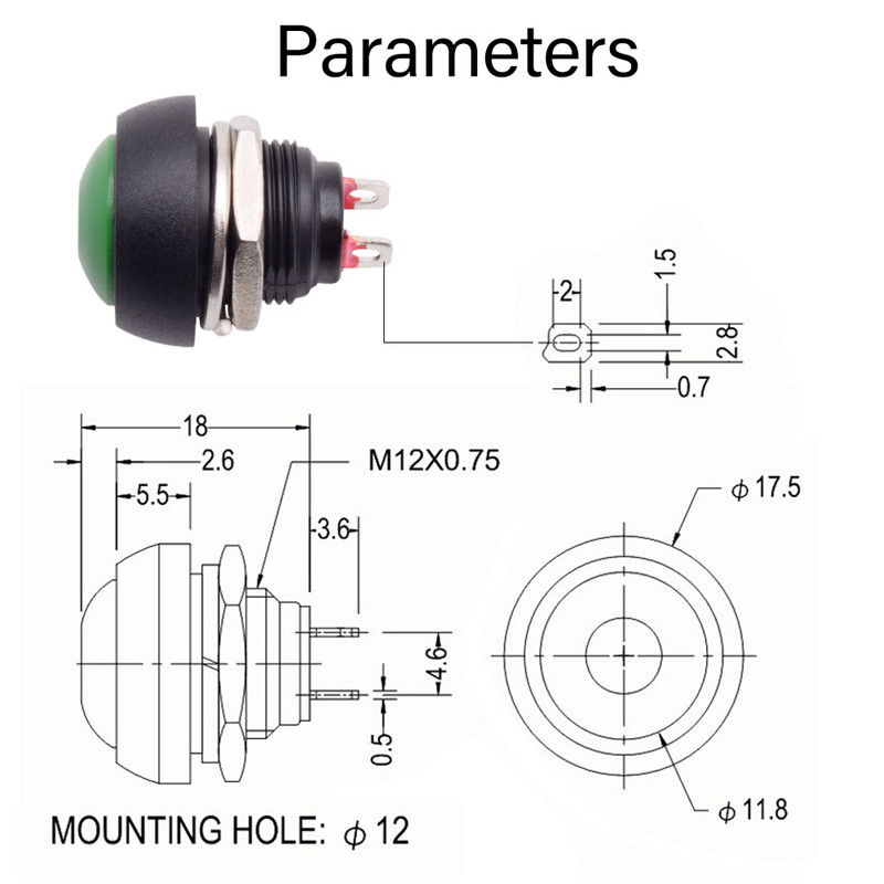 5/10 komada PBS 33B Mini Samll Plastična tipka Okrugla glava UKLJUČENO ISKLJUČENO Trenutni prekidač 2 Pin 12 mm Vodootporan Power Reset Bez zaključavanja