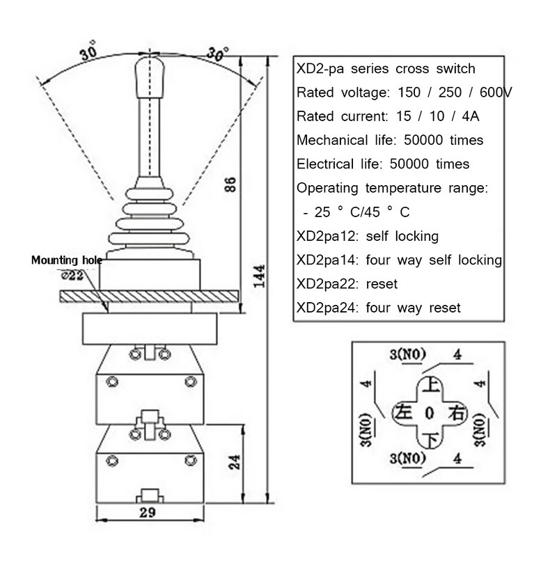 4NO 4 položaja križnog preklopnog prekidača XD2PA14 XD2PA24 upravljačke palice /2NO 2 položaja preklopnog prekidača XD2PA12 XD2PA22