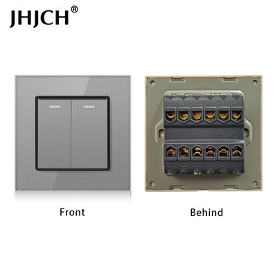 Jhjch kristāla stikla panelis 2 grupas 2 virzienu caurlaides ieslēgšanas/izslēgšanas gaismas slēdzis, kāpņu sienas slēdzis, ieslēdzams ar LED indikatoru 16 A