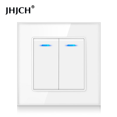 Jhjch kristāla stikla panelis 2 grupas 2 virzienu caurlaides ieslēgšanas/izslēgšanas gaismas slēdzis, kāpņu sienas slēdzis, ieslēdzams ar LED indikatoru 16 A