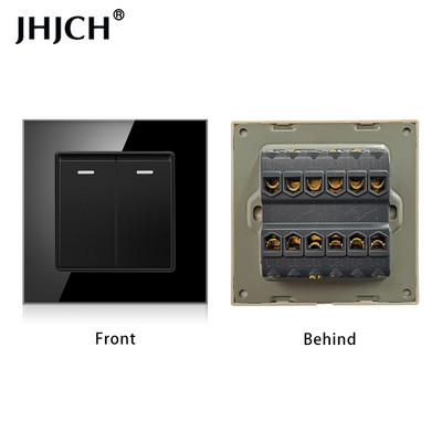 Jhjch kristāla stikla panelis 2 grupas 2 virzienu caurlaides ieslēgšanas/izslēgšanas gaismas slēdzis, kāpņu sienas slēdzis, ieslēdzams ar LED indikatoru 16 A