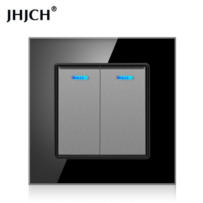 Jhjch kristāla stikla panelis 2 grupas 2 virzienu caurlaides ieslēgšanas/izslēgšanas gaismas slēdzis, kāpņu sienas slēdzis, ieslēdzams ar LED indikatoru 16 A