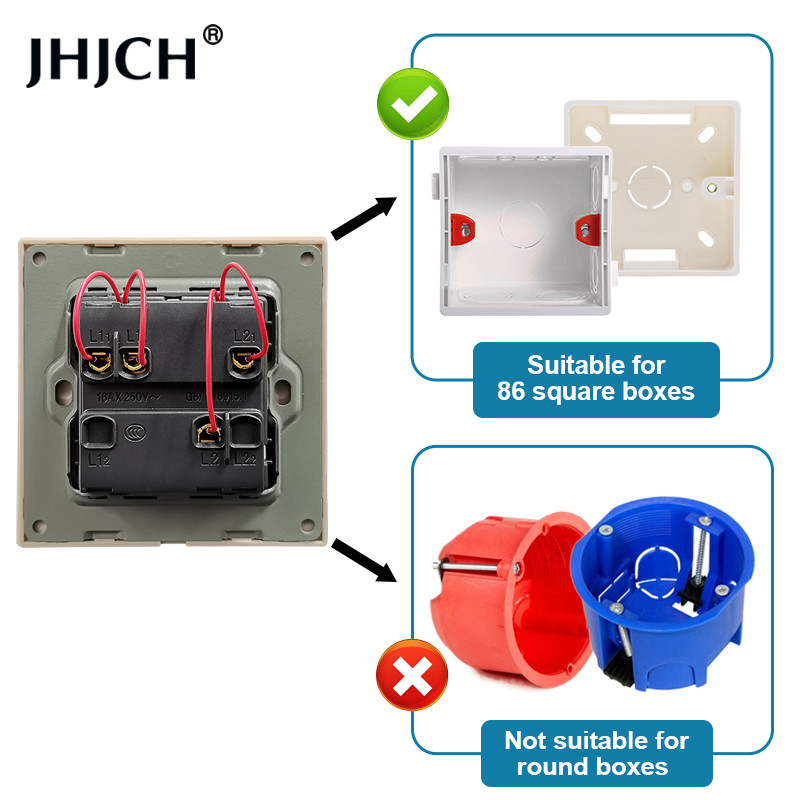 Jhjch kristāla stikla panelis 2 grupas 2 virzienu caurlaides ieslēgšanas/izslēgšanas gaismas slēdzis, kāpņu sienas slēdzis, ieslēdzams ar LED indikatoru 16 A