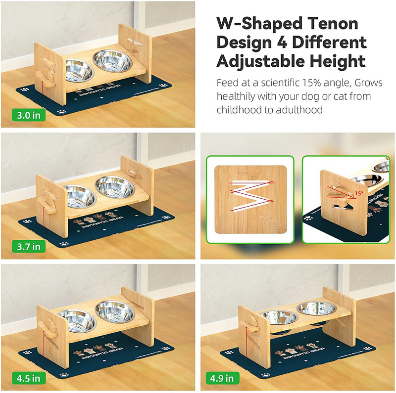 Magasított kutyatálak kis méretű kutyáknak és macskáknak – Állítható bambuszból emelt kutyatál – Rozsdamentes acélból készült kutyatálak kiskutya eledel vizes tálak számára
