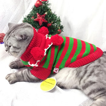 Есенно и зимно модно райе Персонализиран котешки топъл пуловер Коледна топка Облекло за домашни любимци Коледен цветен пуловер