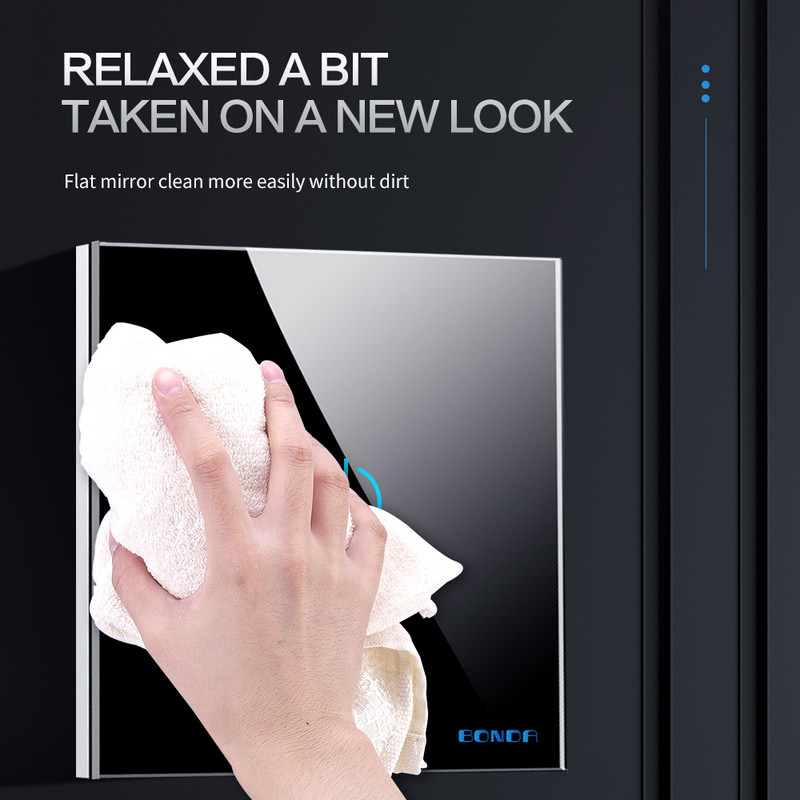 BONDA puutelüliti EU standardne 220 V veekindel kriimustuskindel kristallklaaspaneel, 1-suunaline 1/2/3 seinavalgustuse anduri lüliti