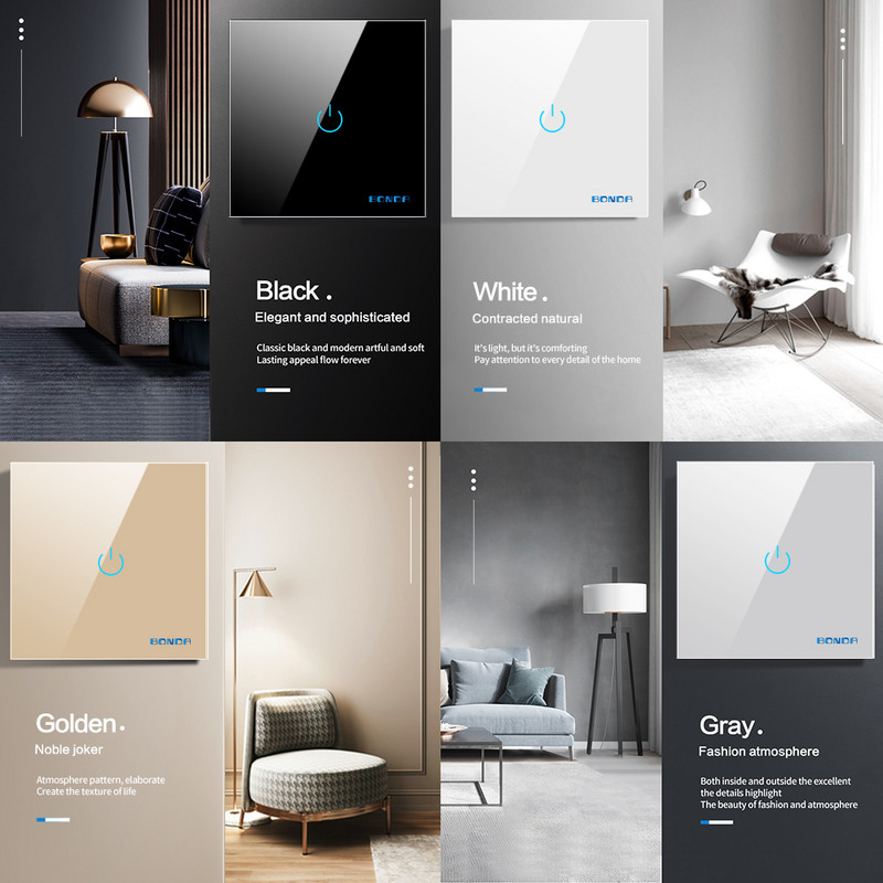 BONDA puutelüliti EU standardne 220 V veekindel kriimustuskindel kristallklaaspaneel, 1-suunaline 1/2/3 seinavalgustuse anduri lüliti