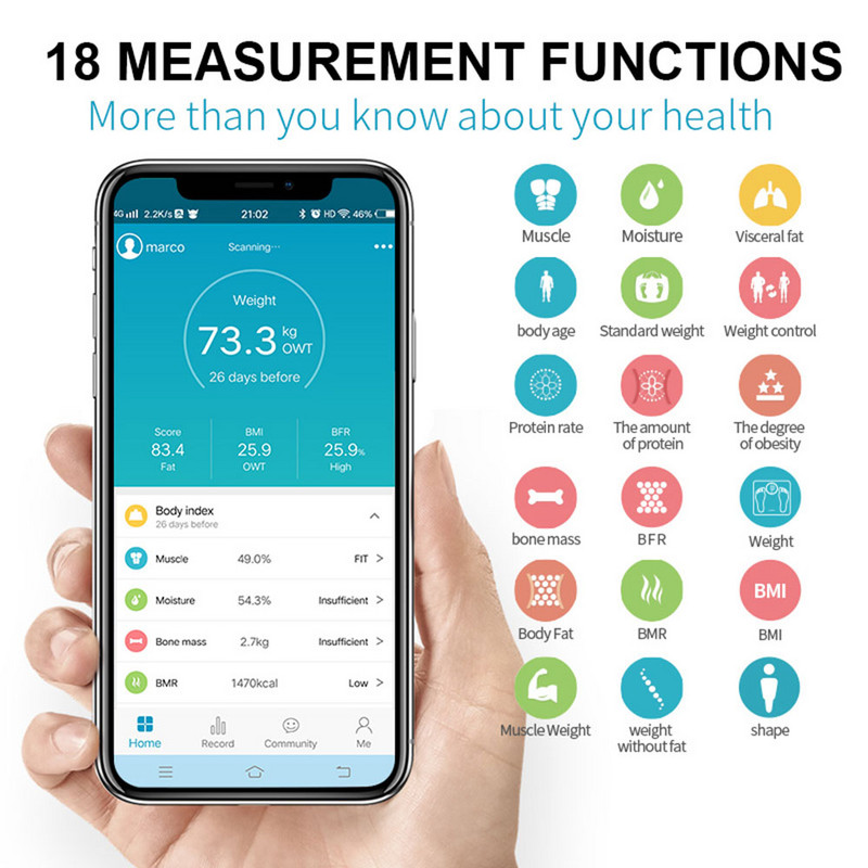 Luksuzna Bluetooth BMI vaga za vaganje tjelesne masnoće Podna elektronička kupaonska vaga za vaganje za tijelo Smart Balance Fat Body Analyzer