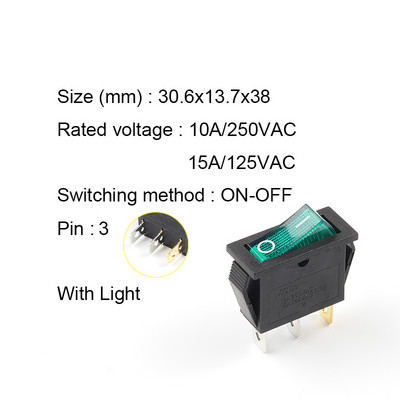 5gab KCD3 svirslēdzis IESLĒGTS-IZSLĒGTS 2/3 kontaktu elektriskā iekārta ar gaismas barošanas slēdzi 10A 250V AC 15A 125V AC