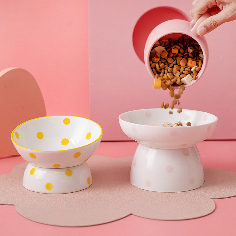 Kaķu keramikas bļoda paaugstināta maza kucēna suņu barība ūdens barotava mājdzīvnieku dzeršana ēšana barošanas piederumi viegli tīrāmi mugurkaula aizsardzība