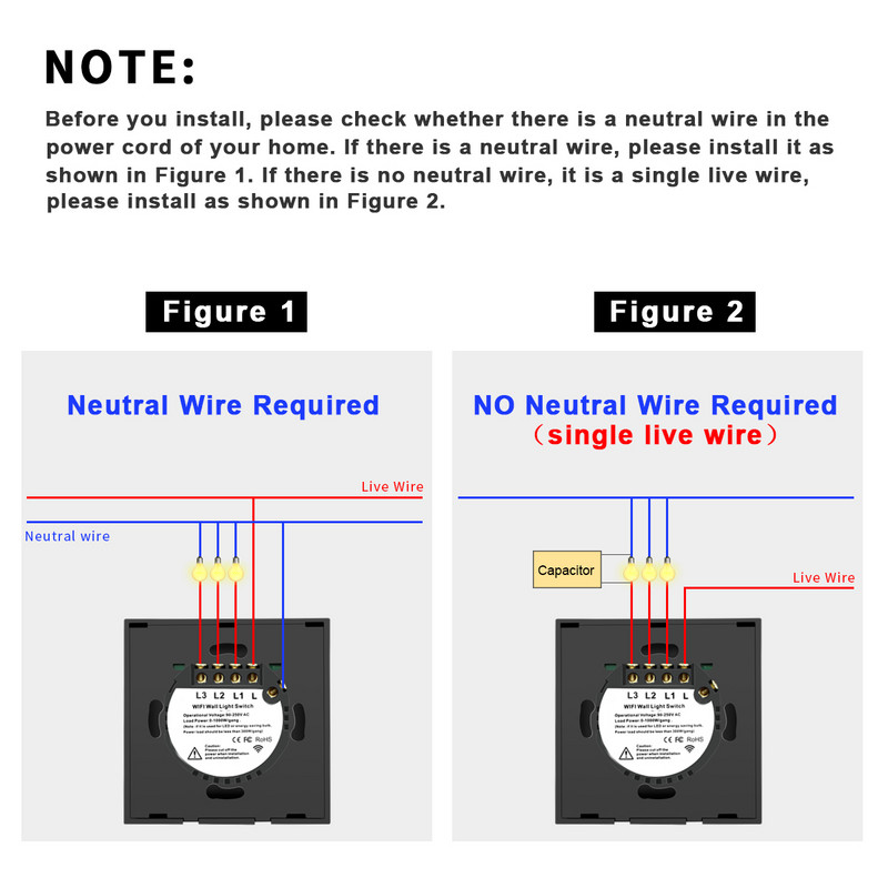 Tuya Smart Switch WiFi puutetundliku anduri seinavalgustuse lülitid 110V/220V EI neutraalset juhet Vajab hääljuhtimise tuge Alexa Google Home