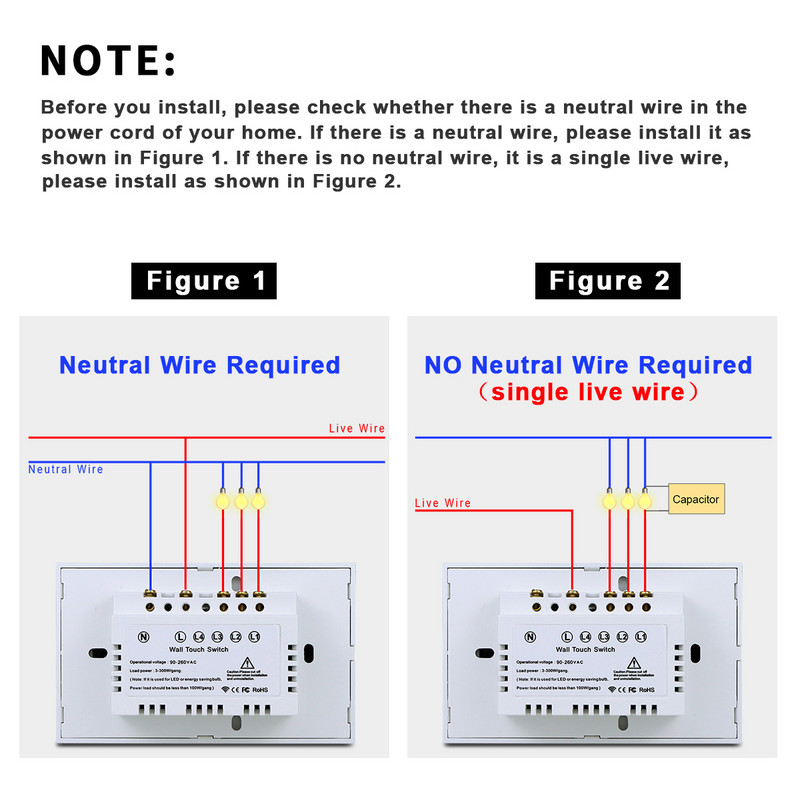 Tuya Smart Switch WiFi puutetundliku anduri seinavalgustuse lülitid 110V/220V EI neutraalset juhet Vajab hääljuhtimise tuge Alexa Google Home