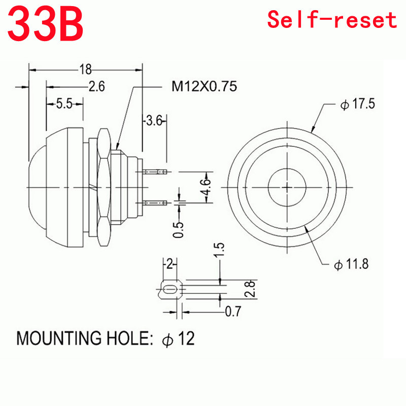 1/6 KOM, mini okrugli prekidač s gumbom, PBS-33A sa samozaključavanjem/33B sa samoresetiranjem, 2 pina, 12 mm, 3 A 250 VAC/1 A 125 VAC, električna oprema