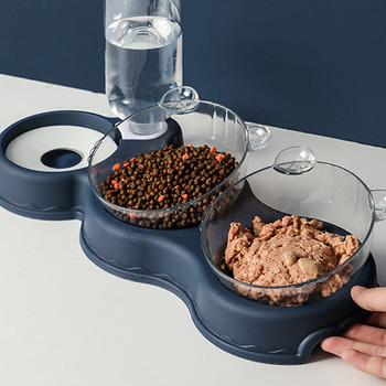 Pet Cat Bowl Автоматична хранилка 3-в-1 Dog Cat Food Bowl с воден фонтан Двойна купа Пиене Повдигната стойка Купи за съдове за котки