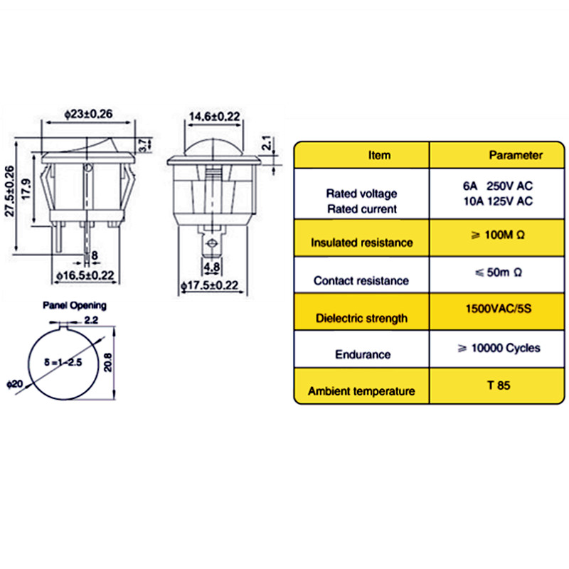 5 TK ümmargune must KCD1 punane 3 kontaktiga SPST 3 asend ON-OFF-ON 2 asend ON-OFF klahvpaadi lüliti 6A 220V 10A 125V NO LED 20mm