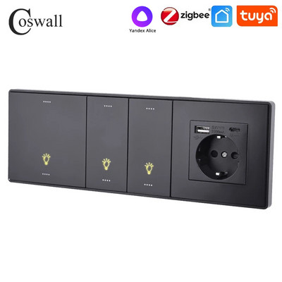 COSWALL Black Matt πίνακας υπολογιστή Zigbee 3.0 Tuya Διακόπτης ενεργοποίησης/απενεργοποίησης & διακόπτης σκηνής με κανονική υποδοχή EU USB Charger TV RJ45 Modules DIY