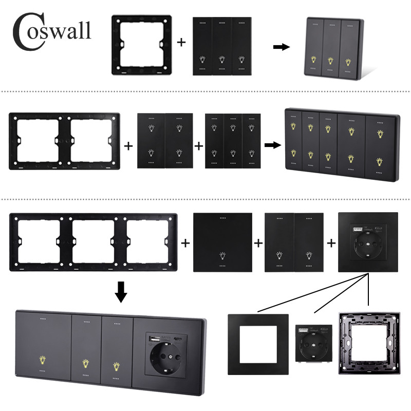 COSWALL Black Matt PC Panel Zigbee 3.0 Tuya Prekidač za uključivanje/isključivanje i prekidač za scenu s normalnom EU utičnicom USB punjač TV RJ45 moduli DIY