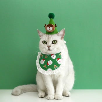 Домашен любимец, котка, куче, карикатура, плюшен Дядо Коледа, лос, червена зелена шапка, шапка, дантелен лигавник, шал, коледна украса, комплект