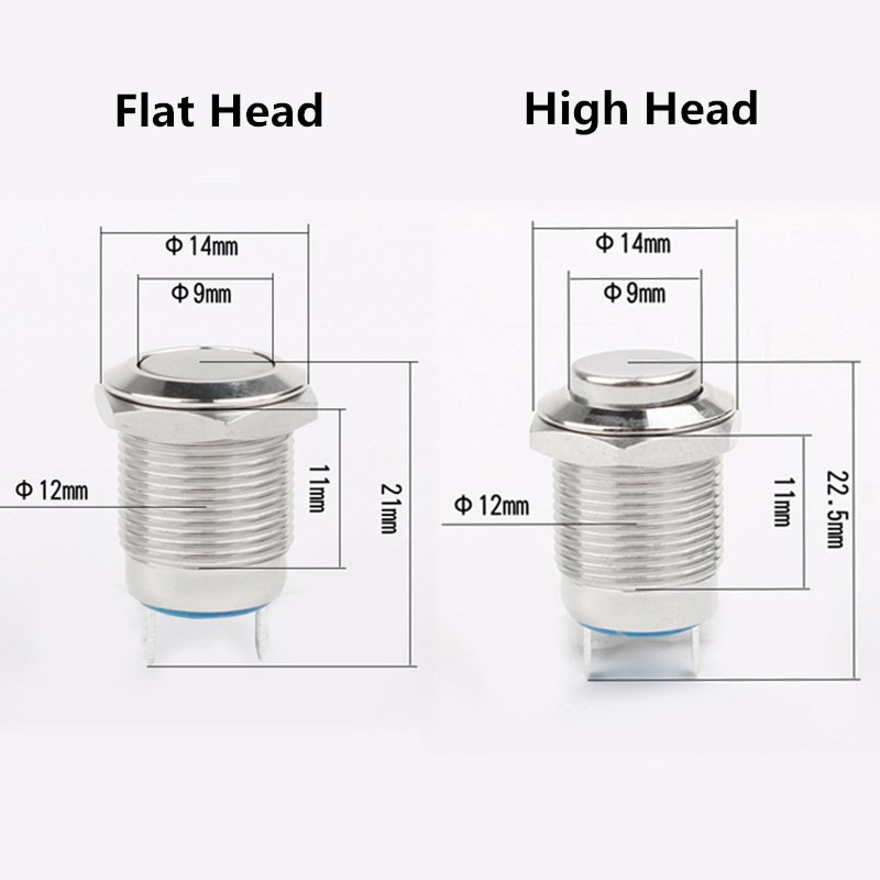 12 mm 2 kontaktiga metallist nupplüliti lukustus/hetkeliselt veekindel ja leegiaeglustav kõrge/tasane ümmargune nikeldatud messing, 1 tk