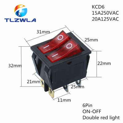 1PCS KCD6 16A 250V AC preklopni prekidač Brodski prekidač 6 pinova sa svjetiljkom ON-OFF KCD8 20A125V AC Prekidač za napajanje