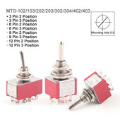 5 TK miniatuurne lüliti MTS-102/103/202/203/302/304/402/403 SISSE-SISSE-SISSE-VÄLJA-SISSE 5A125V 2A250V 3/6/9/12 pin Kinnitus 6mm