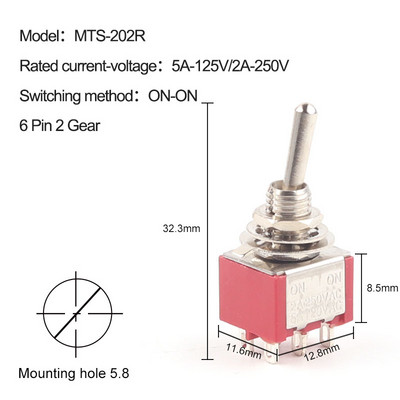 5 TK miniatuurne lüliti MTS-102/103/202/203/302/304/402/403 SISSE-SISSE-SISSE-VÄLJA-SISSE 5A125V 2A250V 3/6/9/12 pin Kinnitus 6mm