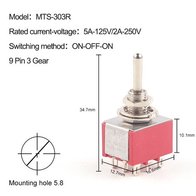 5 TK miniatuurne lüliti MTS-102/103/202/203/302/304/402/403 SISSE-SISSE-SISSE-VÄLJA-SISSE 5A125V 2A250V 3/6/9/12 pin Kinnitus 6mm
