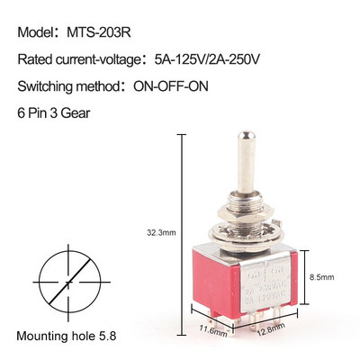 5 TK miniatuurne lüliti MTS-102/103/202/203/302/304/402/403 SISSE-SISSE-SISSE-VÄLJA-SISSE 5A125V 2A250V 3/6/9/12 pin Kinnitus 6mm