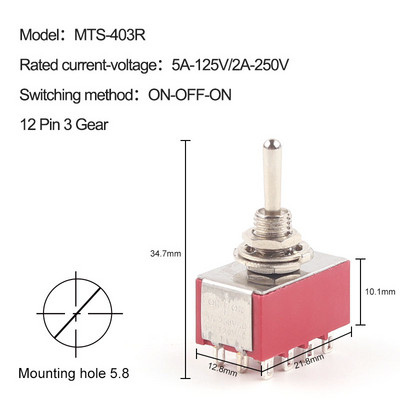 5 TK miniatuurne lüliti MTS-102/103/202/203/302/304/402/403 SISSE-SISSE-SISSE-VÄLJA-SISSE 5A125V 2A250V 3/6/9/12 pin Kinnitus 6mm