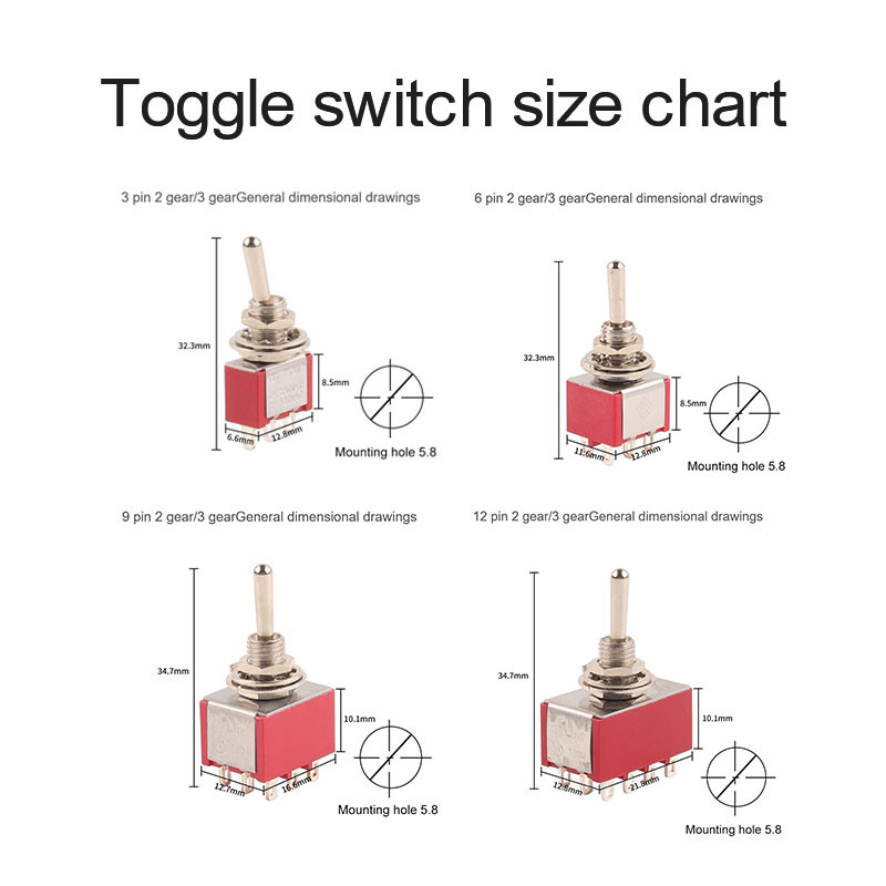 5 TK miniatuurne lüliti MTS-102/103/202/203/302/304/402/403 SISSE-SISSE-SISSE-VÄLJA-SISSE 5A125V 2A250V 3/6/9/12 pin Kinnitus 6mm