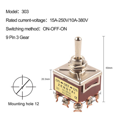 1kom 3PDT ON-ON /ON-OFF-ON 9/12Pin 2/3 položaj vijčanih terminala Preklopni prekidač AC 15A250V 10A380V E-TEN 303