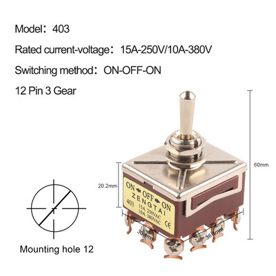 1kom 3PDT ON-ON /ON-OFF-ON 9/12Pin 2/3 položaj vijčanih terminala Preklopni prekidač AC 15A250V 10A380V E-TEN 303