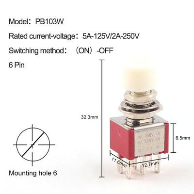 5gab 3Pin 6Pin C-NO-NC 6mm Mini Momentary Automātiskā atgriešanās spiedpogas slēdzis (ON)-OFF 5A125V/2A250V pārslēgšanas slēdži