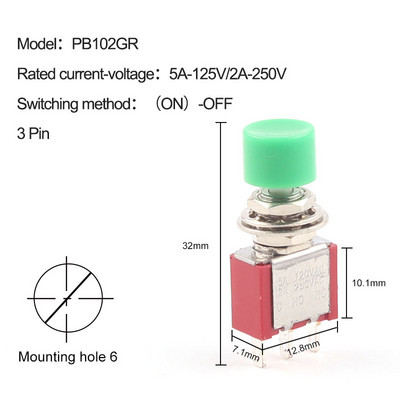 5gab 3Pin 6Pin C-NO-NC 6mm Mini Momentary Automātiskā atgriešanās spiedpogas slēdzis (ON)-OFF 5A125V/2A250V pārslēgšanas slēdži