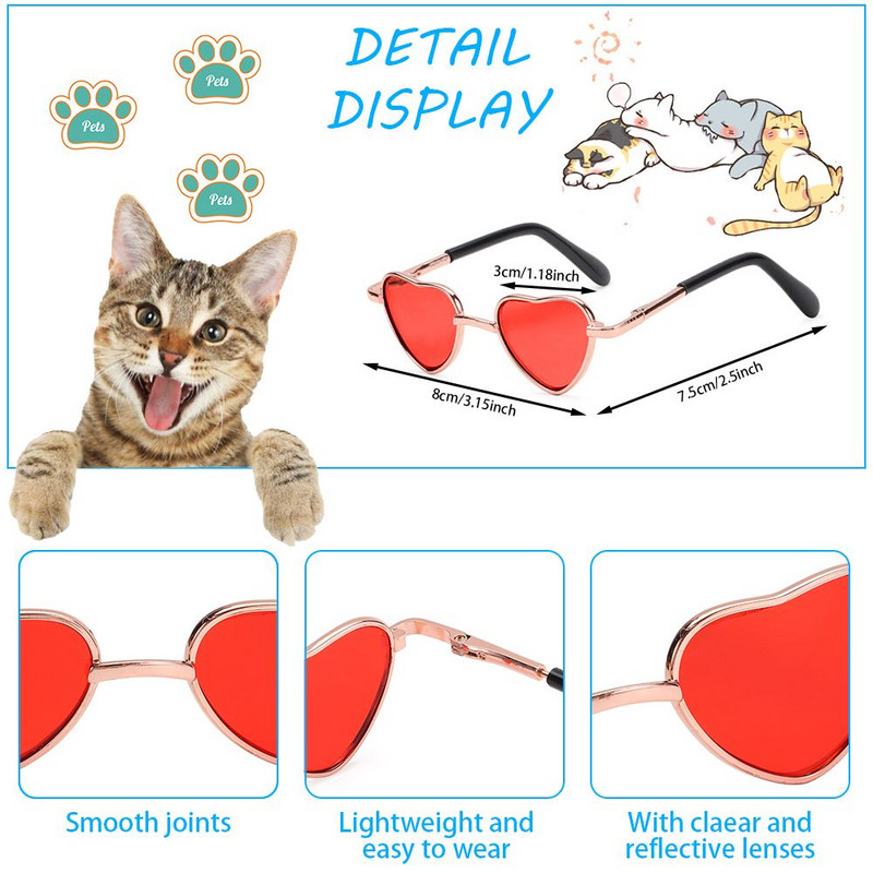 Mali psi Srce Metalne sunčane naočale Foto rekvizit Kostim za zabavu Mačke Mačke Naočale Pseće naočale Cool Funny Kitten Eyewear