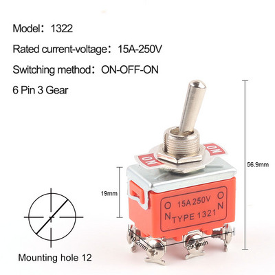 1KOM Preklopni prekidač 15A 250V 2/3/4/6 Pin 2/3 položaja Terminal ON-OFF ON-ON ON-OFF-ON 1121 1021 1321 1322 preklopni prekidač