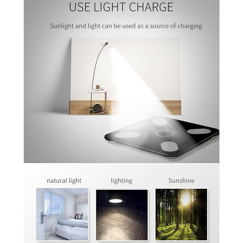 Saules uzlādes lietotne Bluetooth viedā elektroniskā svara līdzsvara ķermeņa tauku skalas atbalsts operētājsistēmai Android vai IOS