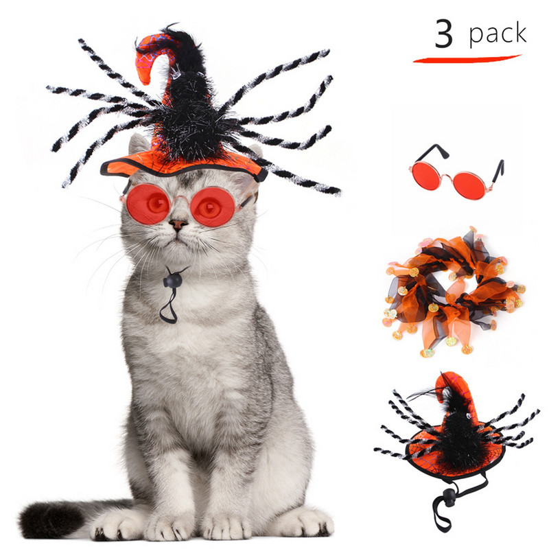 Drabužiai naminiams gyvūnėliams Helovino vakarėlis Cosplay Katės kostiumai Mieli Antkakliai Akiniai Skrybėlių rinkinys šuniukui Kačiukui Šuo Katės Apranga Naminiai gyvūnai Aksesuarai