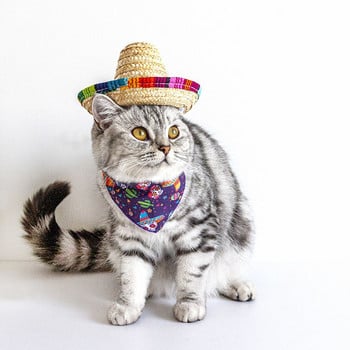 1PC Сладко мини кученце куче котка сламена тъкана шапка за слънце шапка мексиканско сомбреро консумативи за домашни любимци костюм за кучета регулируем