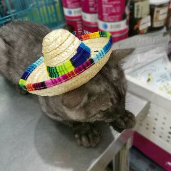 1PC Сладко мини кученце куче котка сламена тъкана шапка за слънце шапка мексиканско сомбреро консумативи за домашни любимци костюм за кучета регулируем