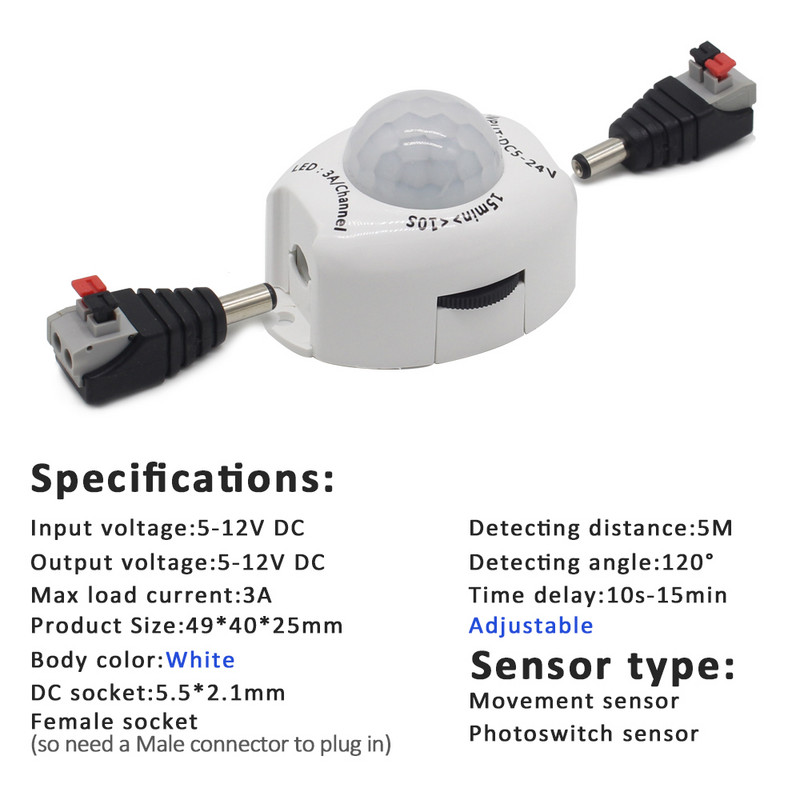 Senzor de mișcare PIR 12V DC Comutator 5V LED Strip Detector de mișcare Temporizator activat de 5 volți Comutator automat în infraroșu ON OFF